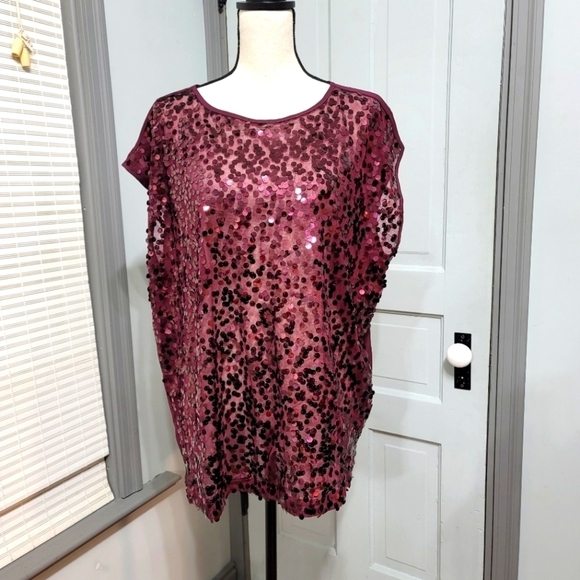 Lane Bryant Tops - Lane Bryant Sequin Sheer Mesh Chiffon Burgundy Drop Sleeve Top size 14